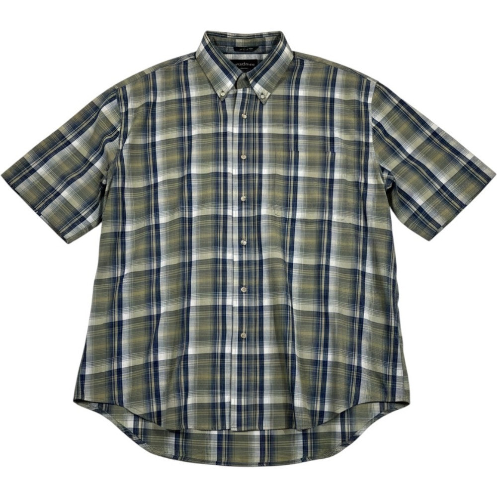 Salmon River Traders Button Down Men Large Green Blue Plaid Short Sleeve Shirt